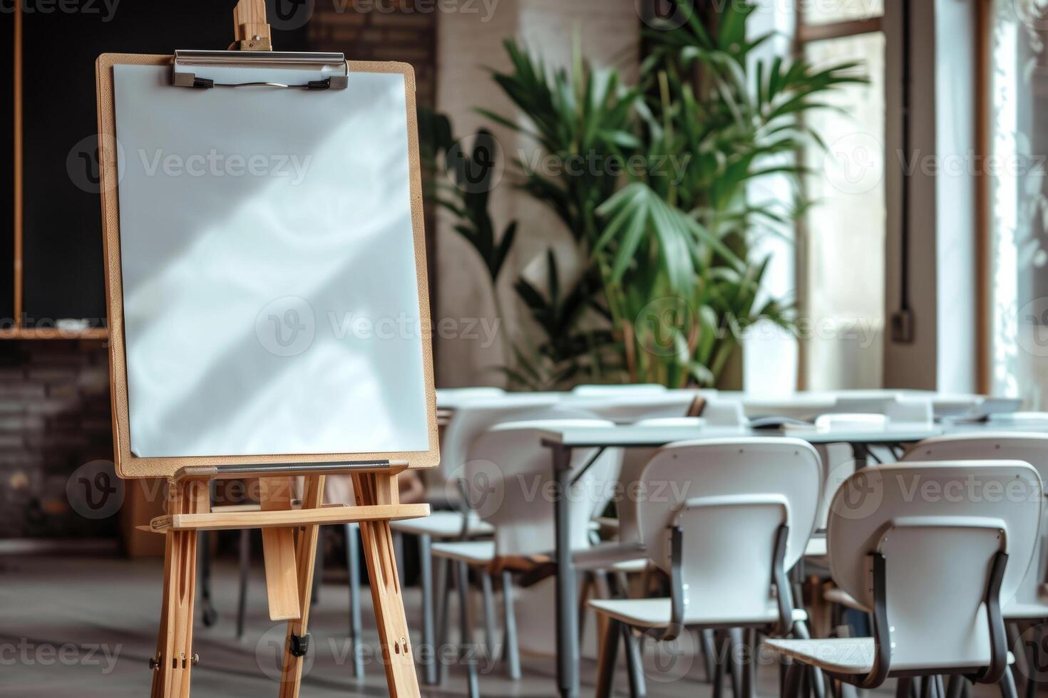 ai gerado interior do moderno escritório ou Sala de aula com cavalete. conferência quarto com mobília e branco escrevendo borda. generativo ai foto