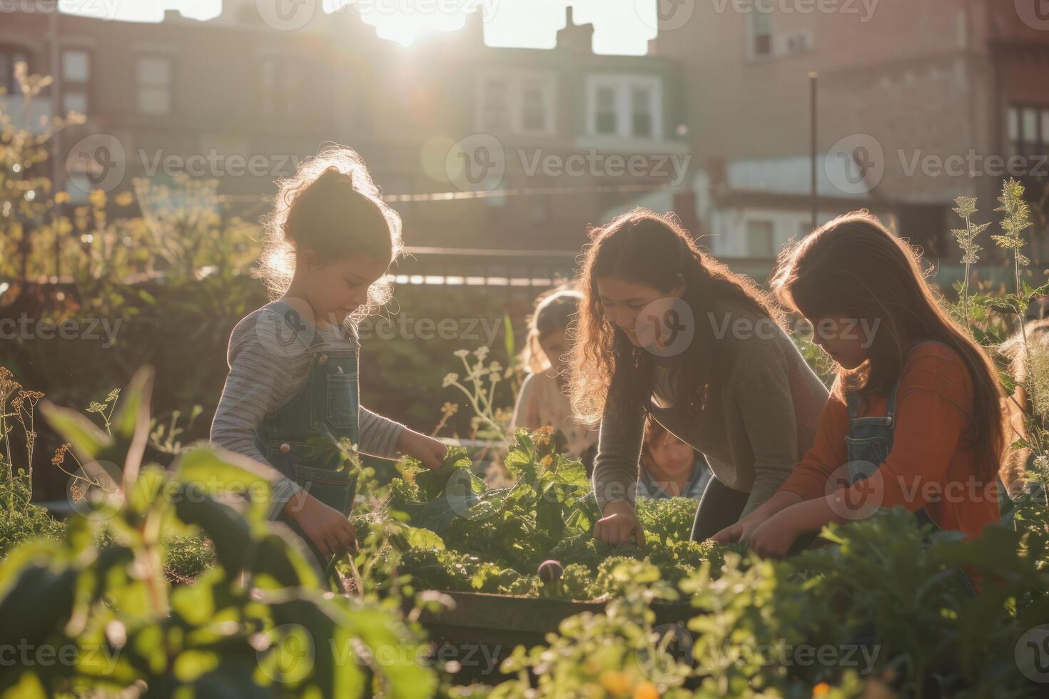 ai gerado família cuidando para seus urbano vegetal jardim junto. generativo ai foto