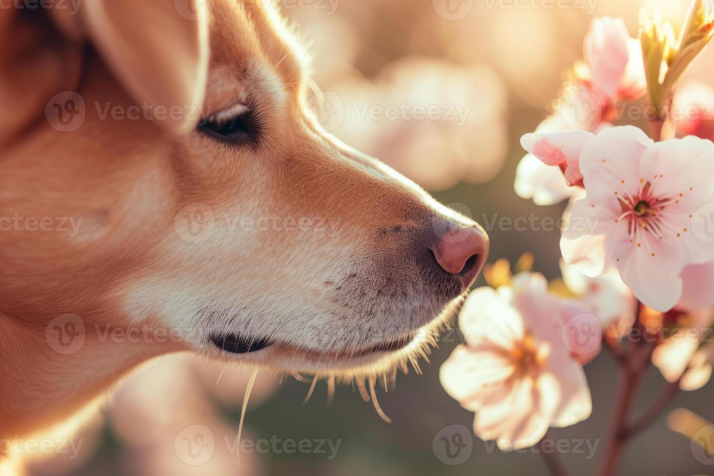 ai gerado fechar-se do uma cachorro cheirando uma Primavera florescer. cachorro cheirando flor. generativo ai foto