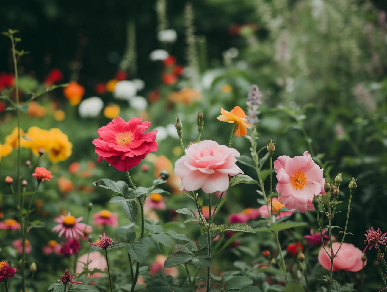ai gerado colorida flores dentro a jardim em uma verão dia, vintage estilo foto
