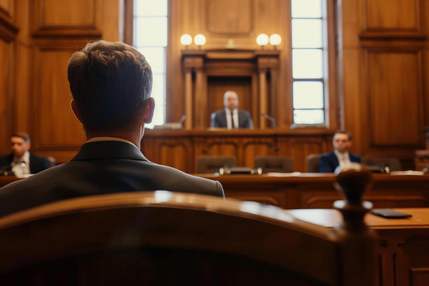 ai gerado advogado suplicando caso para júri dentro tribunal. foto