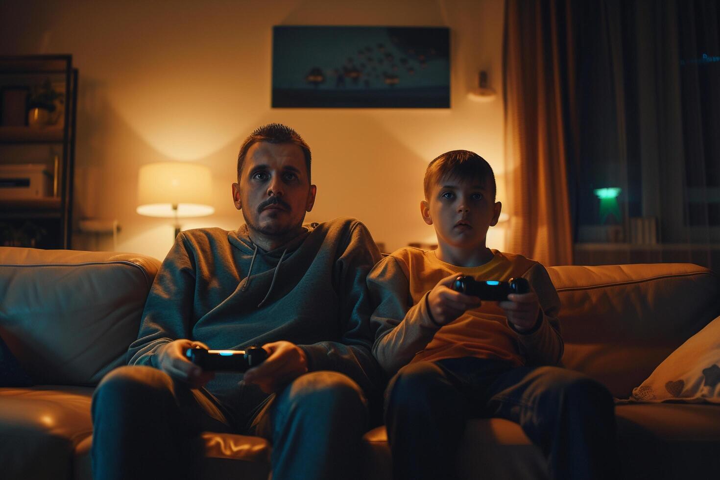 ai gerado pai e filho jogando vídeo jogos juntos às noite com ai gerado. foto