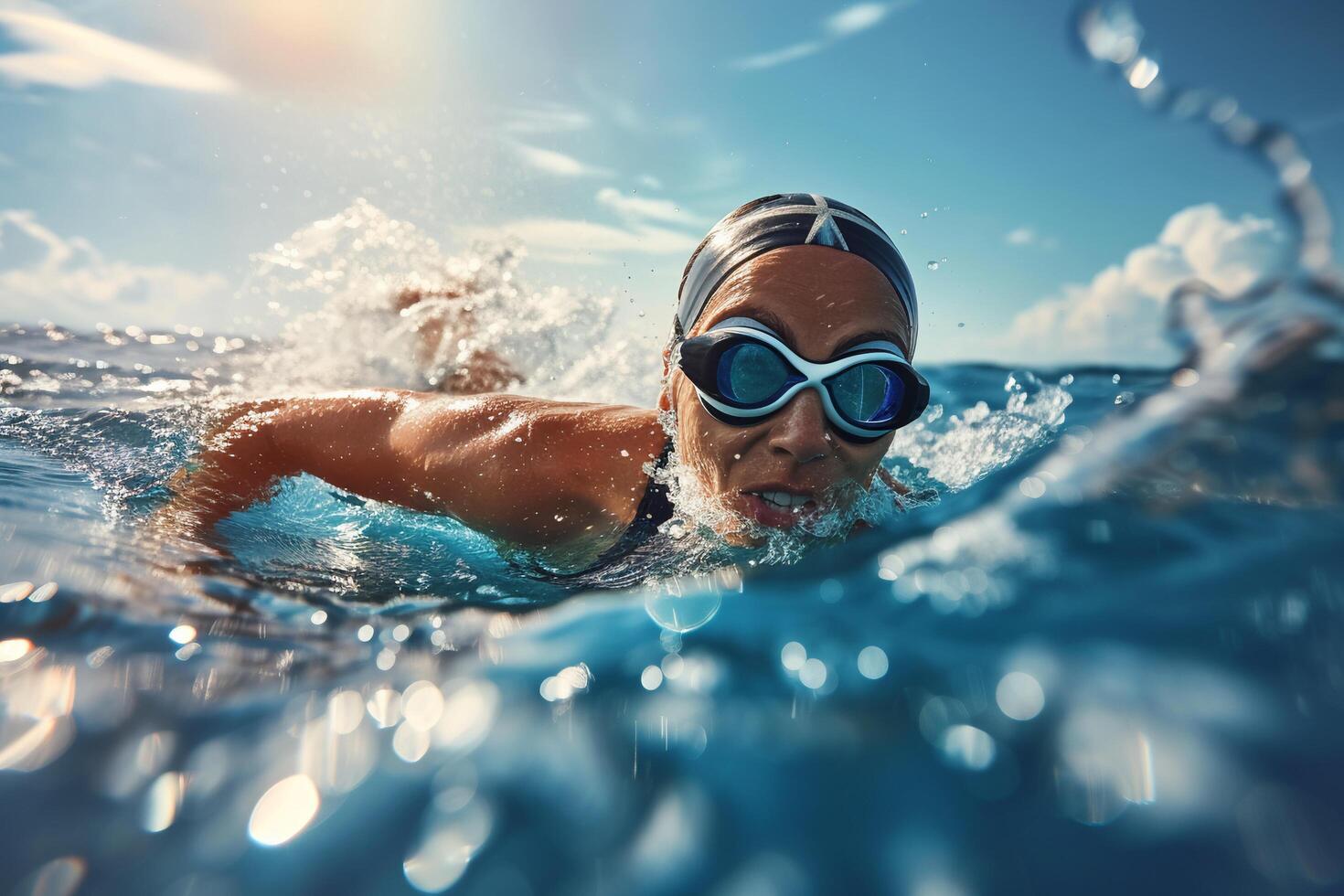 ai gerado profissional fêmea nadador Treinamento embaixo da agua com ai gerado. foto