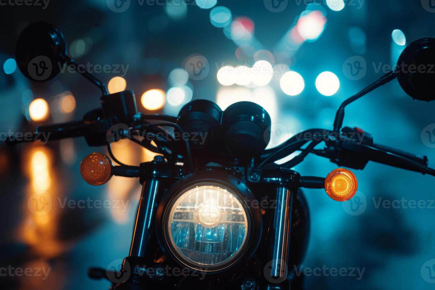 ai gerado moto com brilhando lanterna de cabeça dentro noite foto