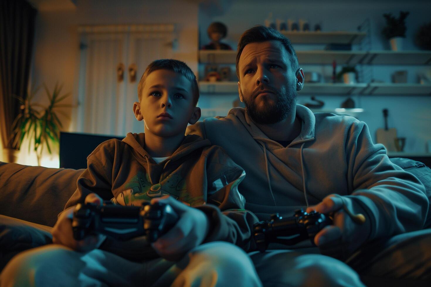 ai gerado pai e filho jogando vídeo jogos juntos às noite com ai gerado. foto