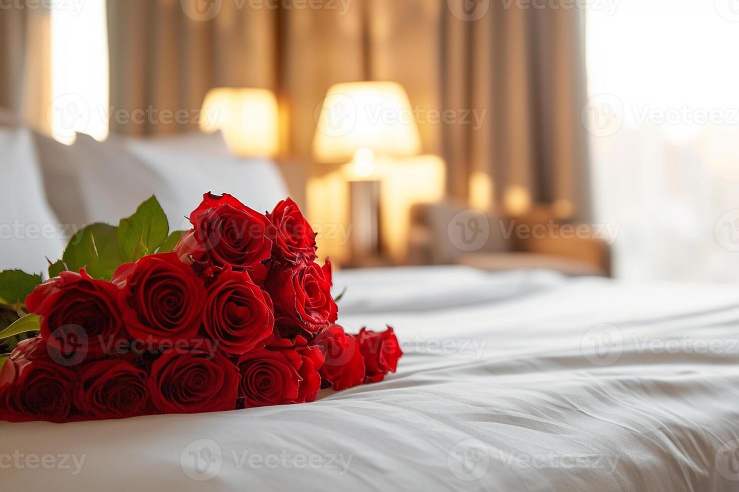 ai gerado uma ramalhete do vermelho rosas em uma ordenadamente fez cama dentro uma bem iluminado hotel quarto foto