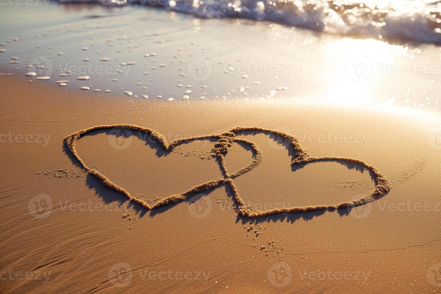 ai gerado dois corações juntos desenhado dentro a areia em uma de praia às pôr do sol foto