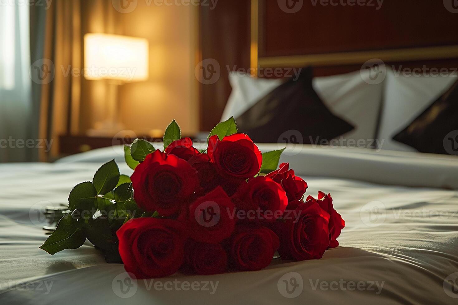 ai gerado uma ramalhete do vermelho rosas em uma cama foto