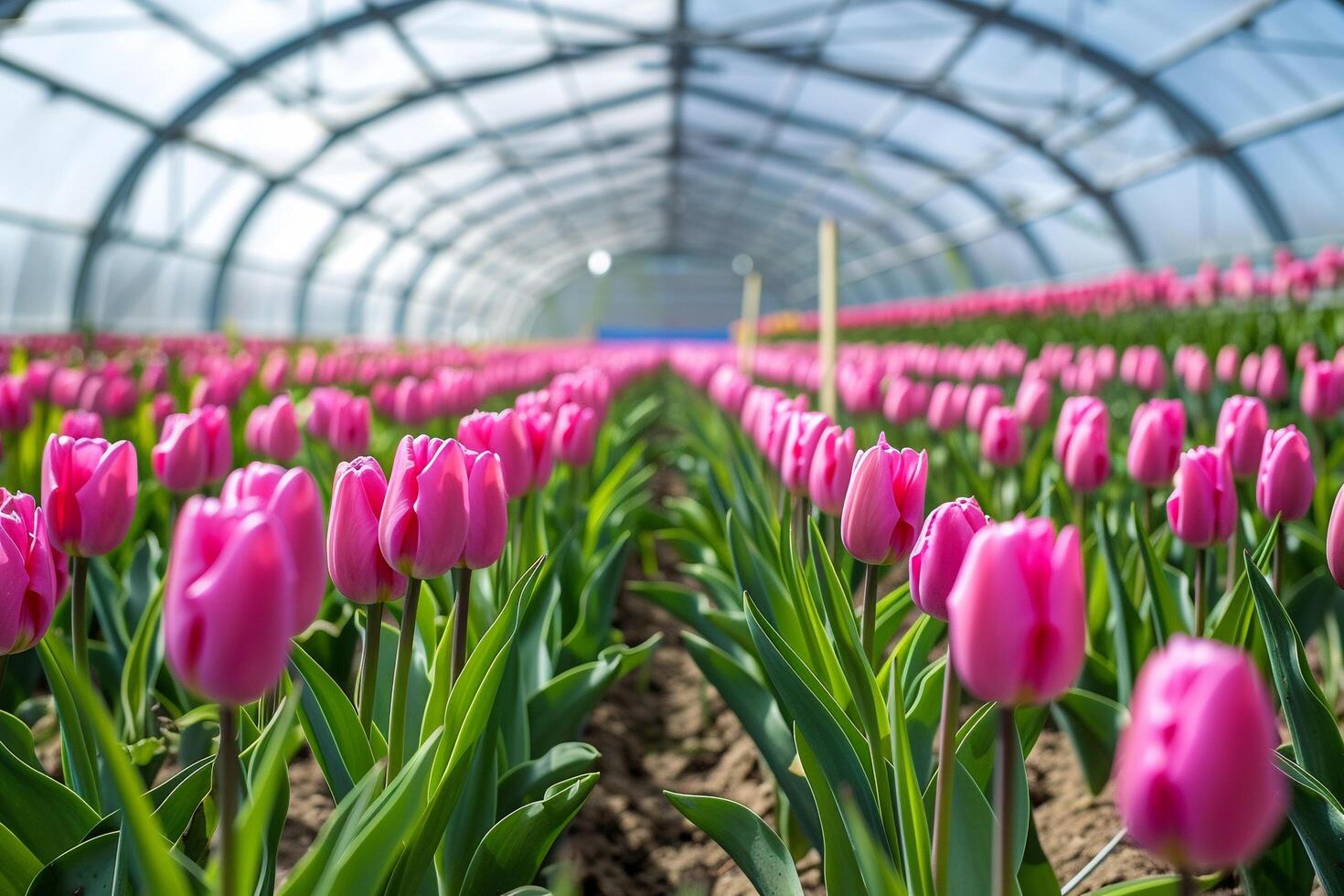 ai gerado vibrante tulipas florescendo dentro comercial estufa com ai gerado. foto