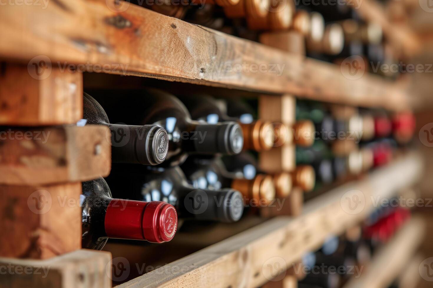ai gerado vinho garrafas empilhado em de madeira prateleira dentro porão foto