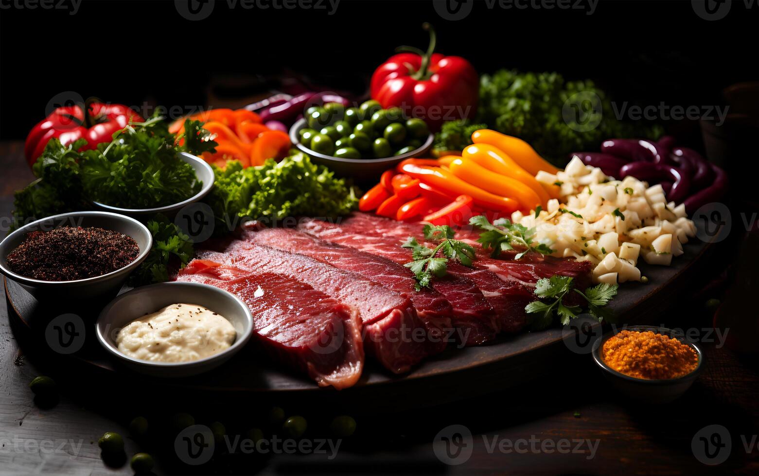 ai gerado Visão do tomate com vários legumes e delicioso carne em uma ampla prato foto