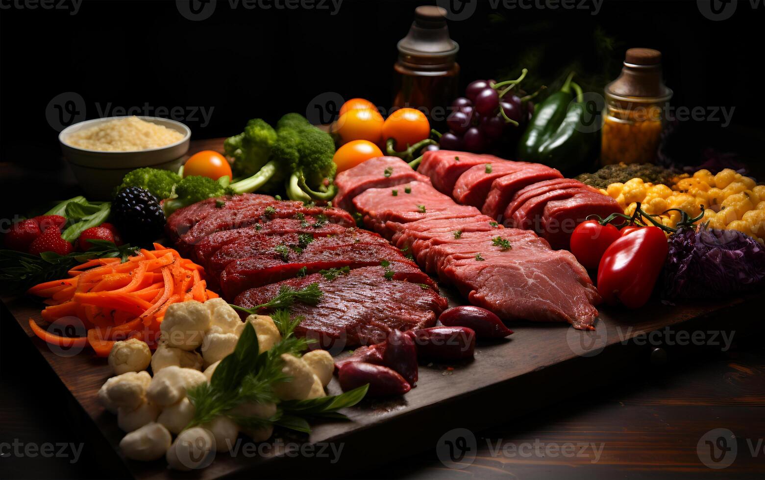 ai gerado Visão do tomate com vários legumes e delicioso carne em uma ampla prato foto