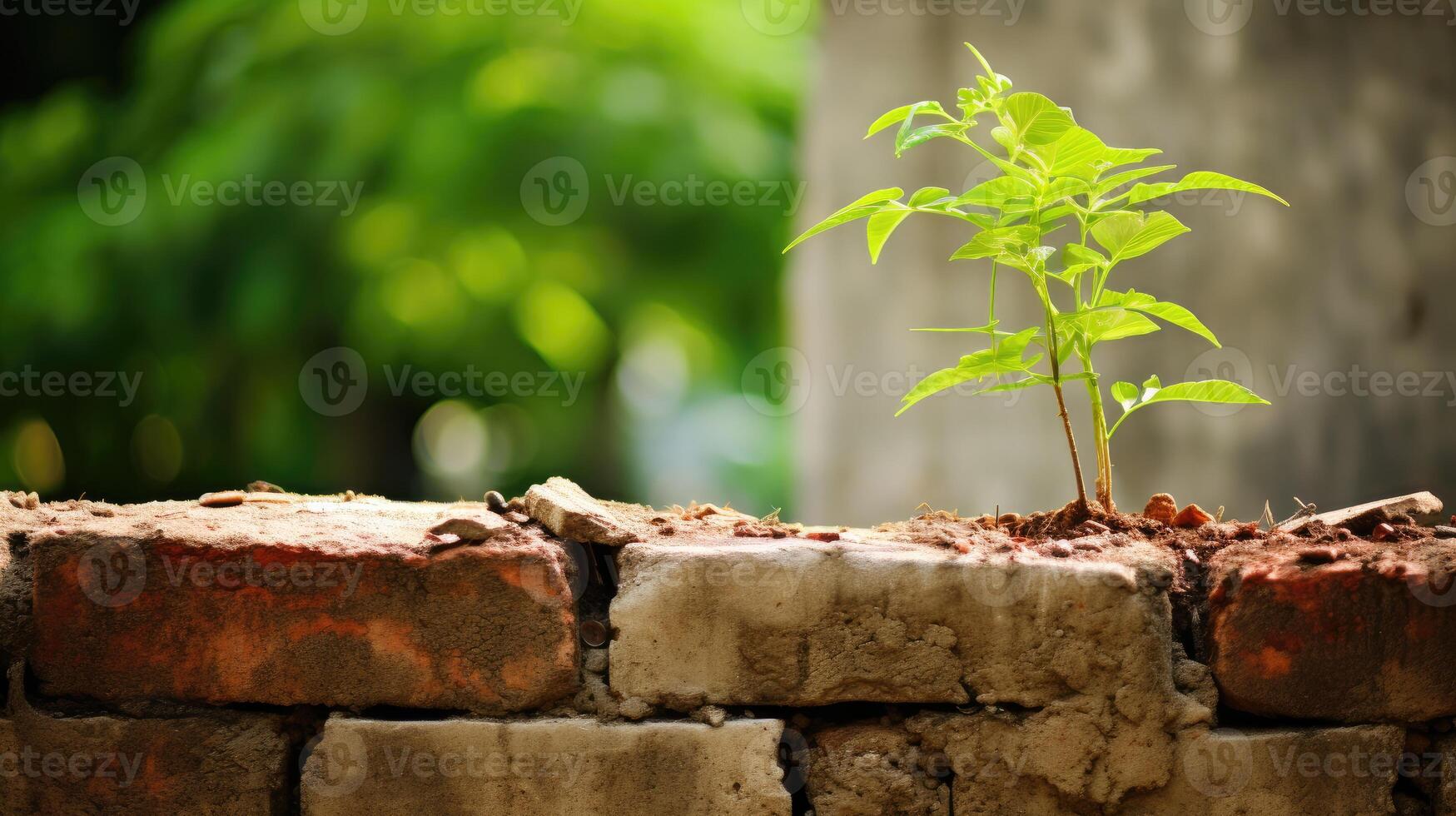 ai gerado pequeno verde plantar crescendo acima Fora do a velho tijolo muro. conceito do inspiração. foto