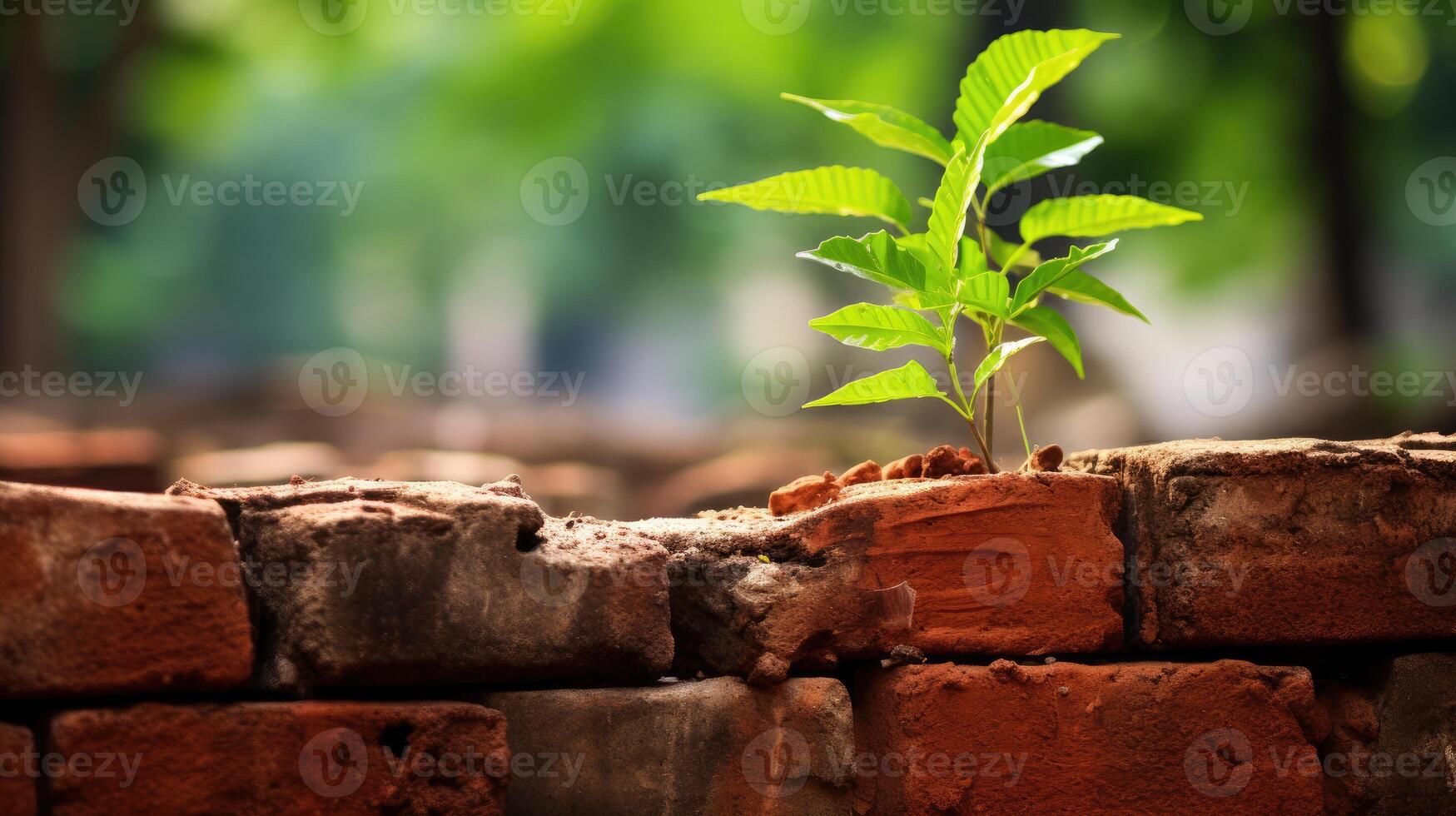 ai gerado pequeno verde plantar crescendo acima Fora do a velho tijolo muro. conceito do inspiração. foto
