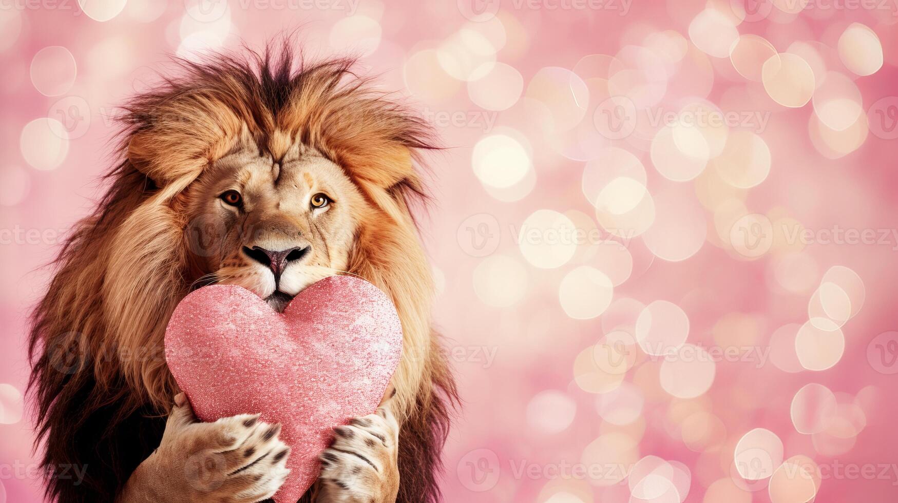 ai gerado leão apresentando coração em forma presente, mágico fundo, namorados s dia animais, cópia de espaço para texto foto