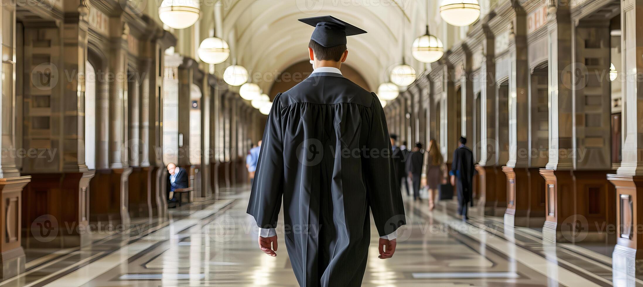 ai gerado confiante graduado caminhando através histórico universidade corredor com espaço para texto foto