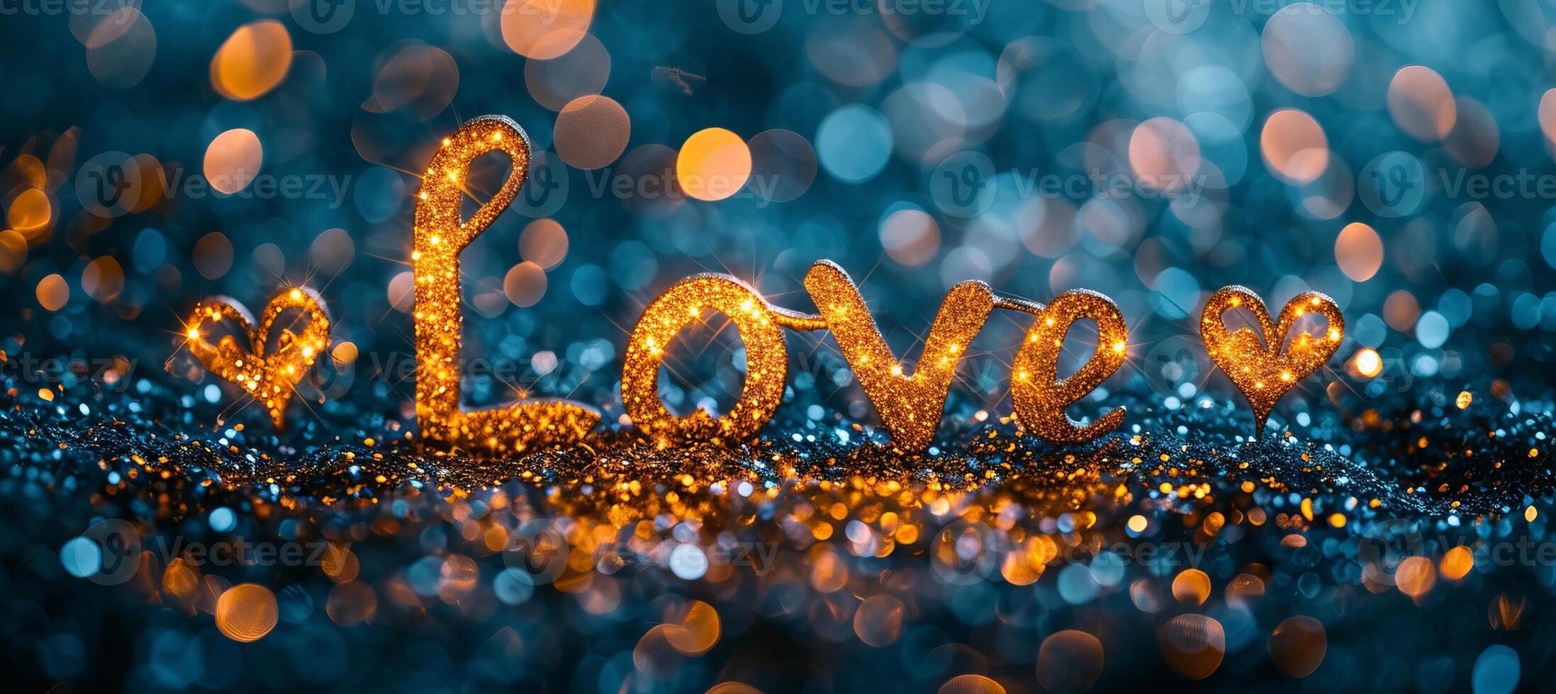 ai gerado romântico amor conceito cartão postal com dourado texto amor em mágico bokeh brilhos fundo foto