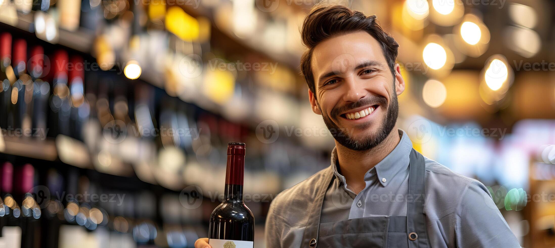 ai gerado sorridente vinho comerciante apresentando uma garrafa do vermelho vinho dentro dele fazer compras com cópia de espaço para texto posicionamento foto