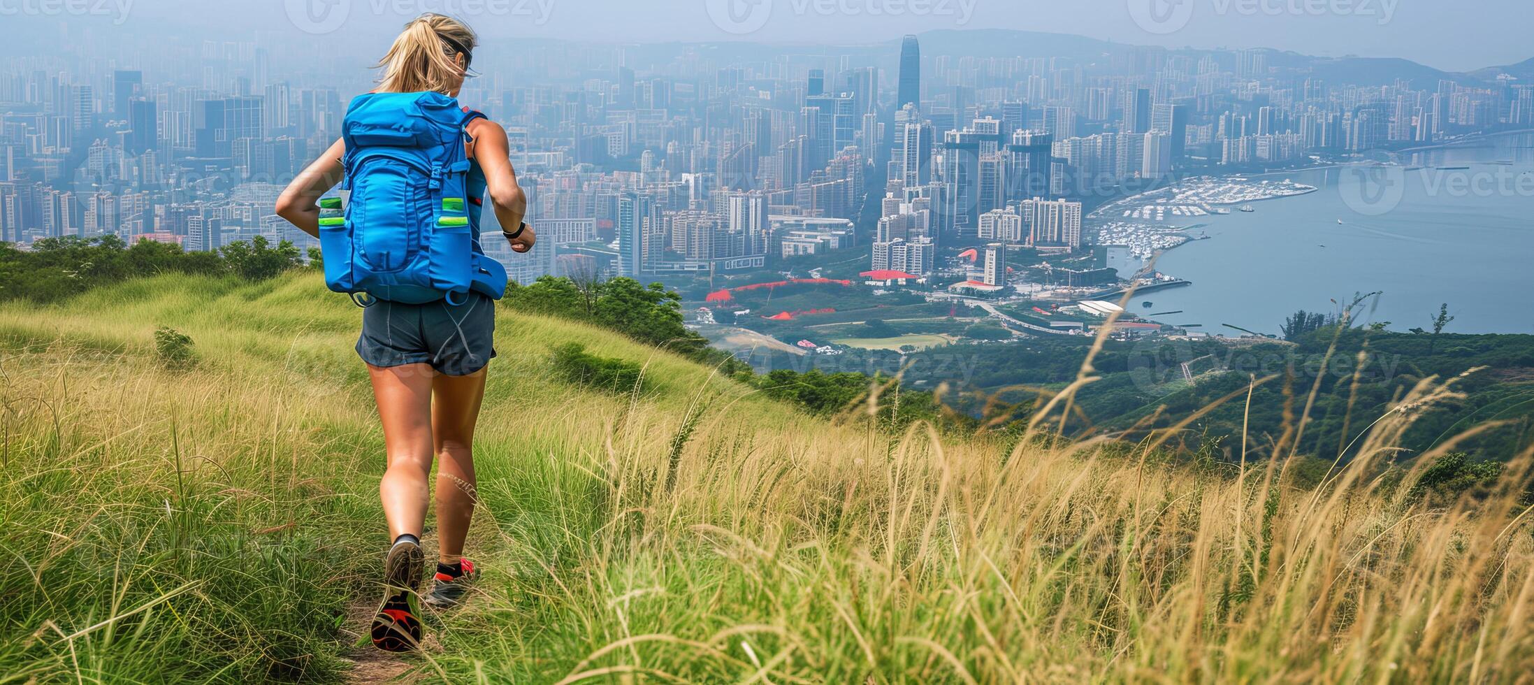 ai gerado ativo jovem mulher com lindo sorrir trilha corrida dentro cidade maratona para triatlo foto