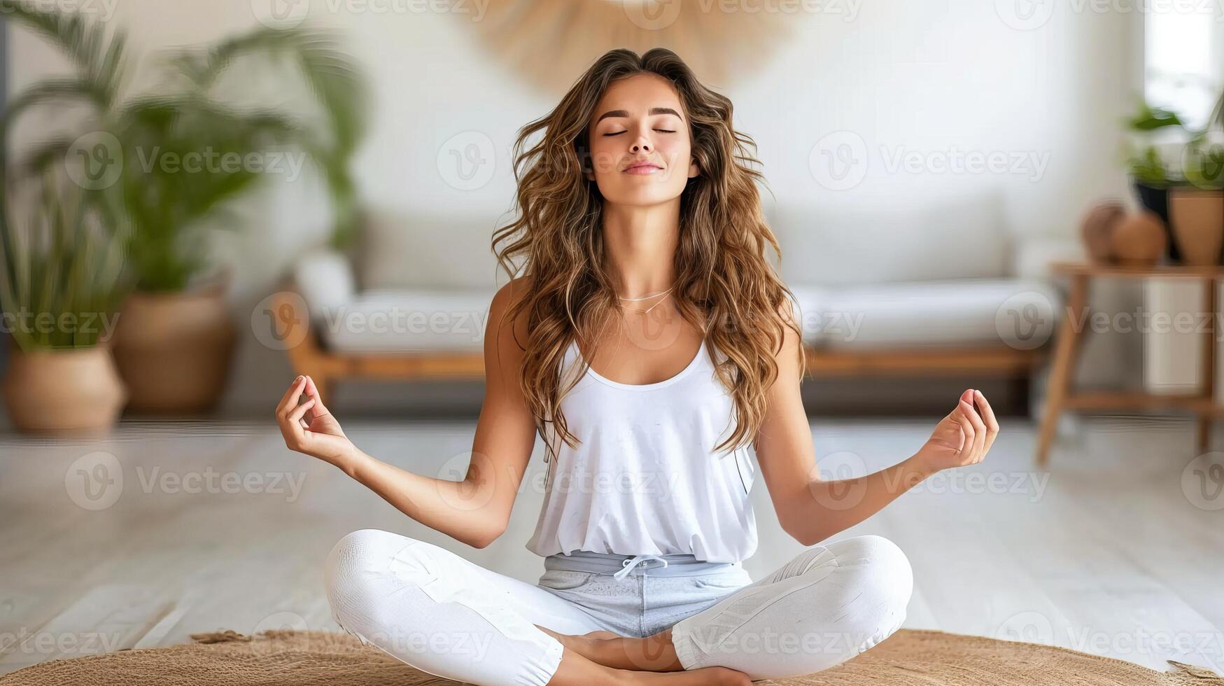 ai gerado meditando mulher promovendo bem-estar, praticando estresse alívio e ginástica dentro vivo quarto foto