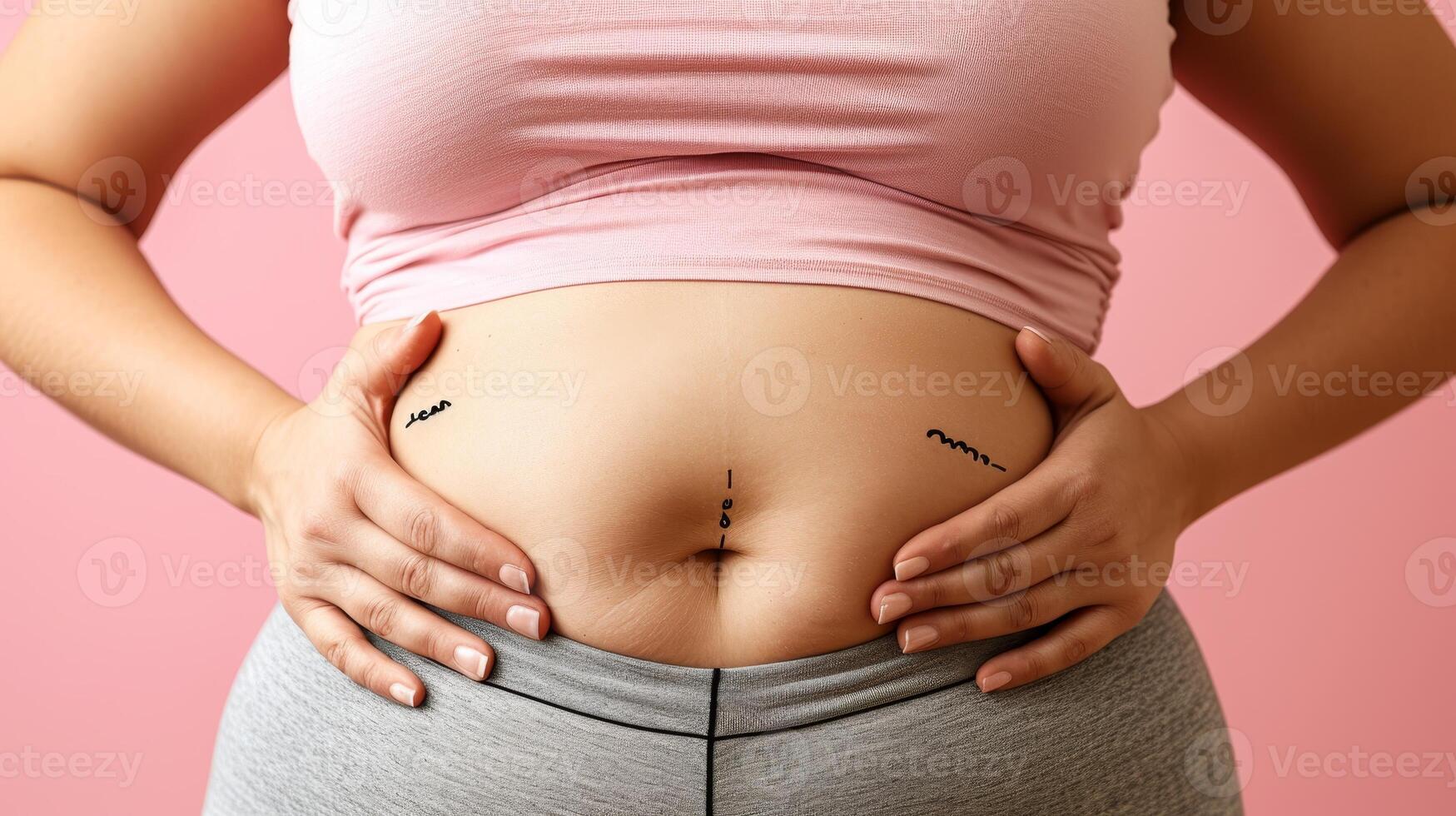 ai gerado fechar acima do excesso de peso mulher s barriga com gordo almofada e marcadores para plástico cirurgia, obesidade conceito foto