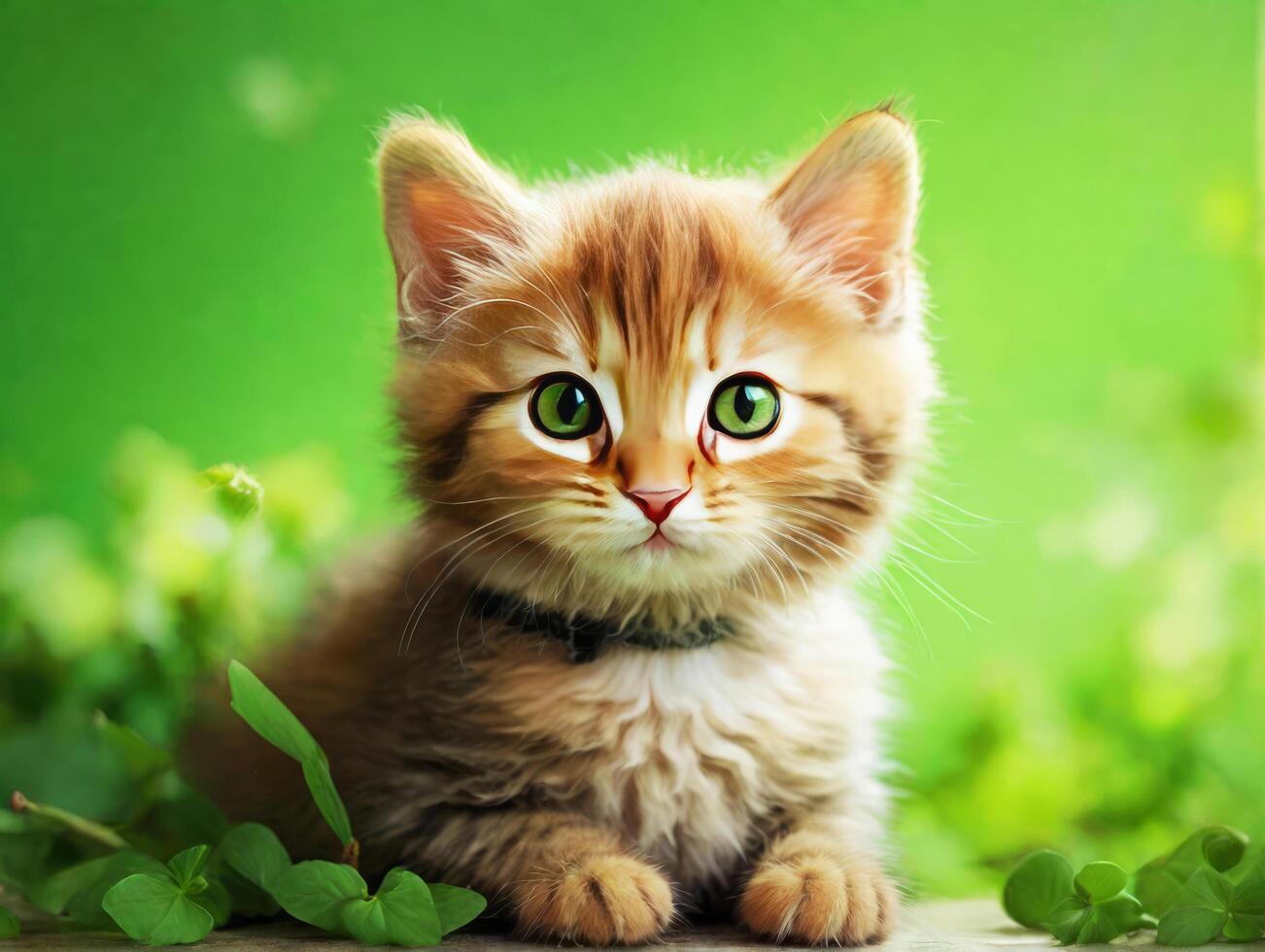 ai gerado gatinho sentado no meio fresco verde folhas contra uma vibrante verde fundo foto
