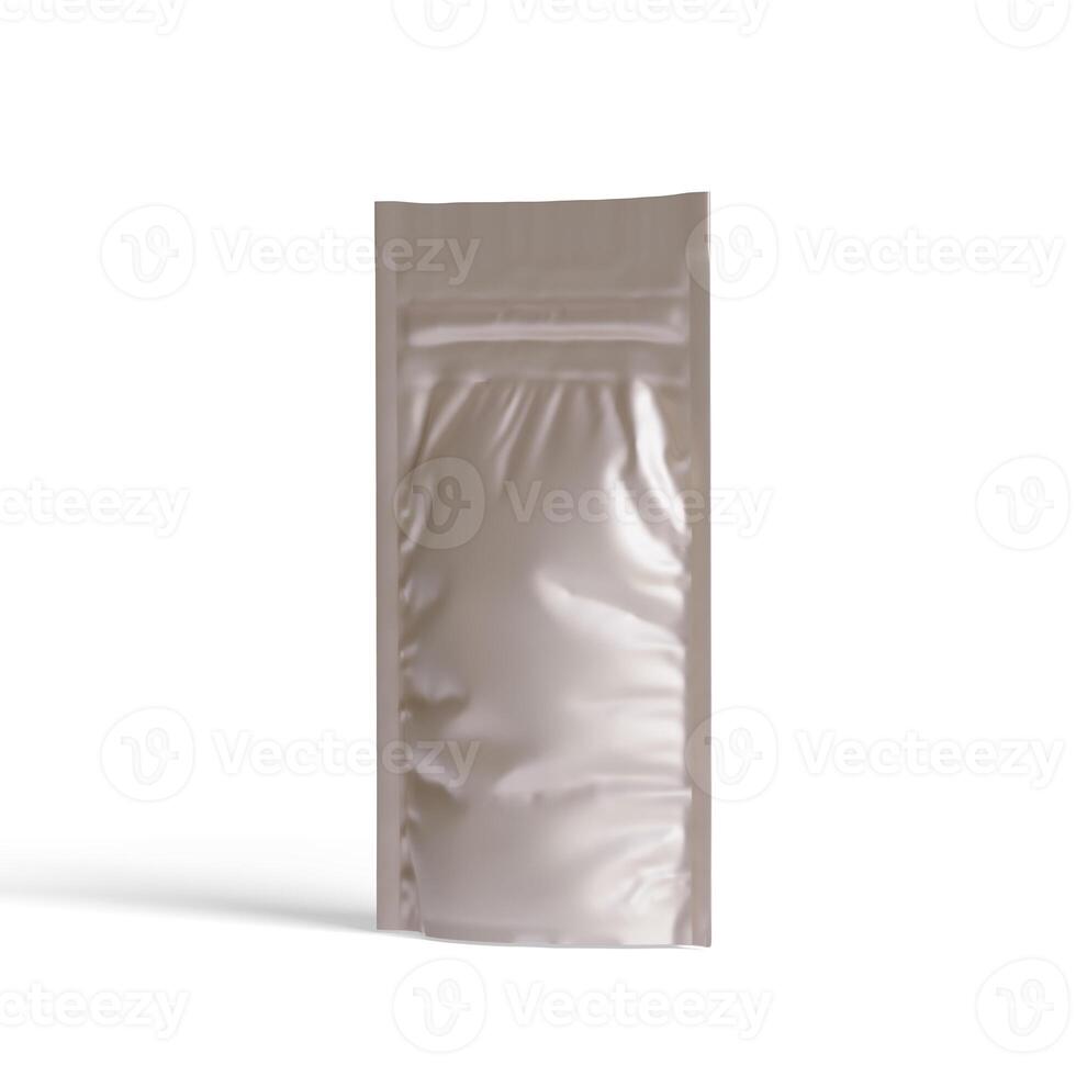 em branco frustrar Comida ou beber saco embalagem com válvula e selo. em branco frustrar plástico bolsa café bolsa. embalagem modelo brincar coleção. isolado em fundo 3d Renderização ilustração foto