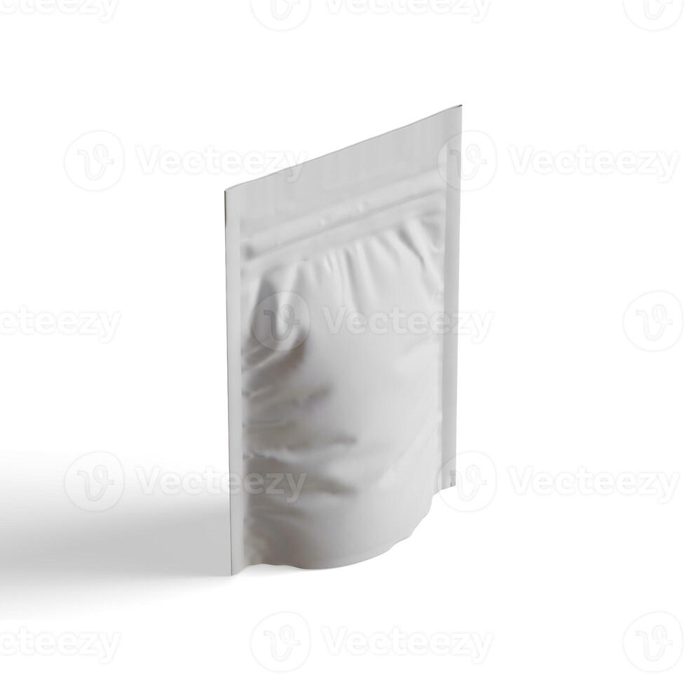 em branco branco alumínio frustrar plástico bolsa saco sachê embalagem brincar isolado em branco fundo, 3d Renderização foto