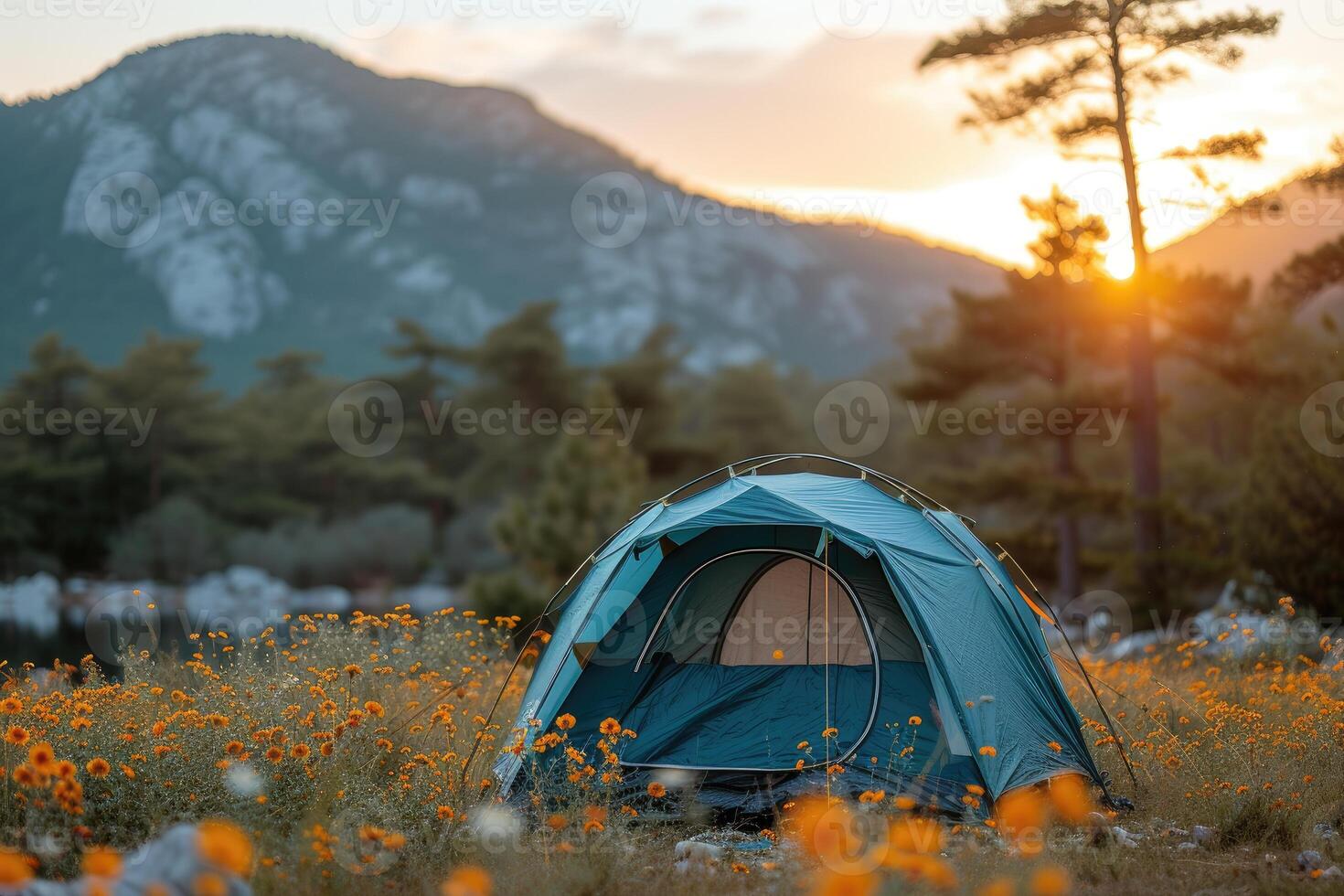 ai gerado acampamento liberdade dentro a natureza e tendo Diversão com Primavera selvagem flores Visão foto