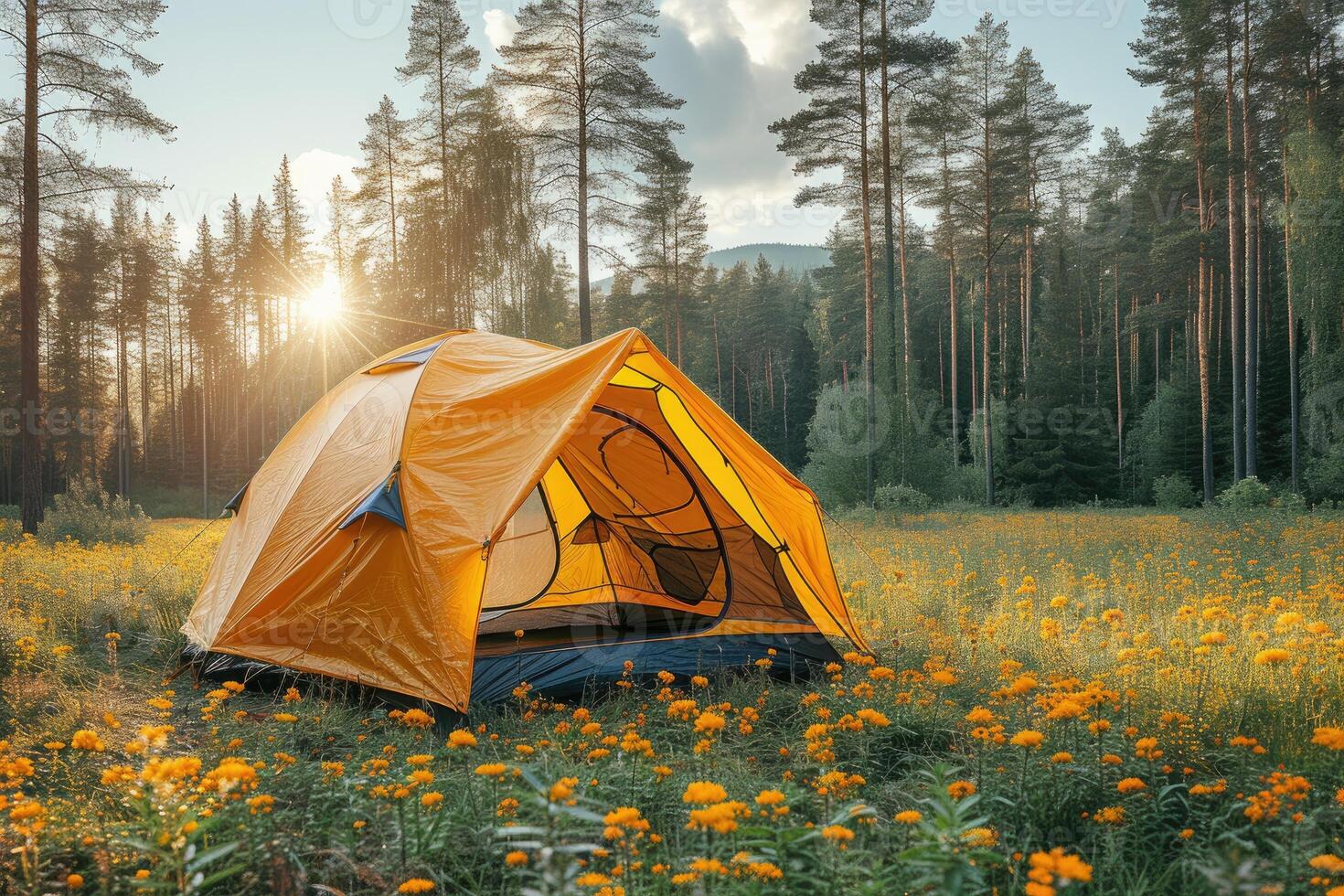 ai gerado acampamento liberdade dentro a natureza e tendo Diversão com Primavera selvagem flores Visão foto