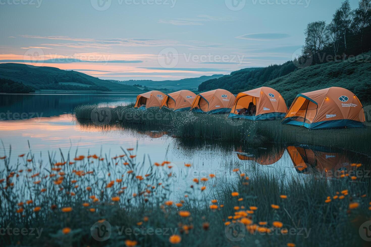 ai gerado acampamento liberdade dentro a natureza e tendo Diversão com Primavera selvagem flores Visão foto