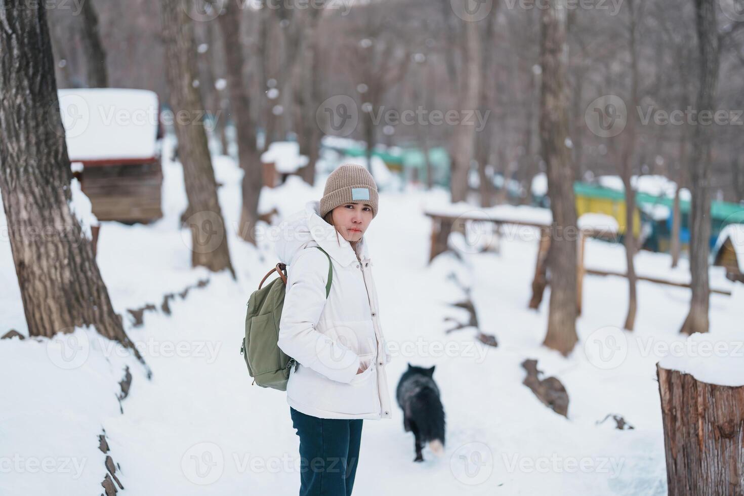 mulher turista com fofa Raposa em neve dentro inverno estação às zao Raposa Vila, viajante passeios turísticos miyagi prefeitura. ponto de referência e popular para atração perto Sendai, tohoku, Japão. viagem e período de férias foto