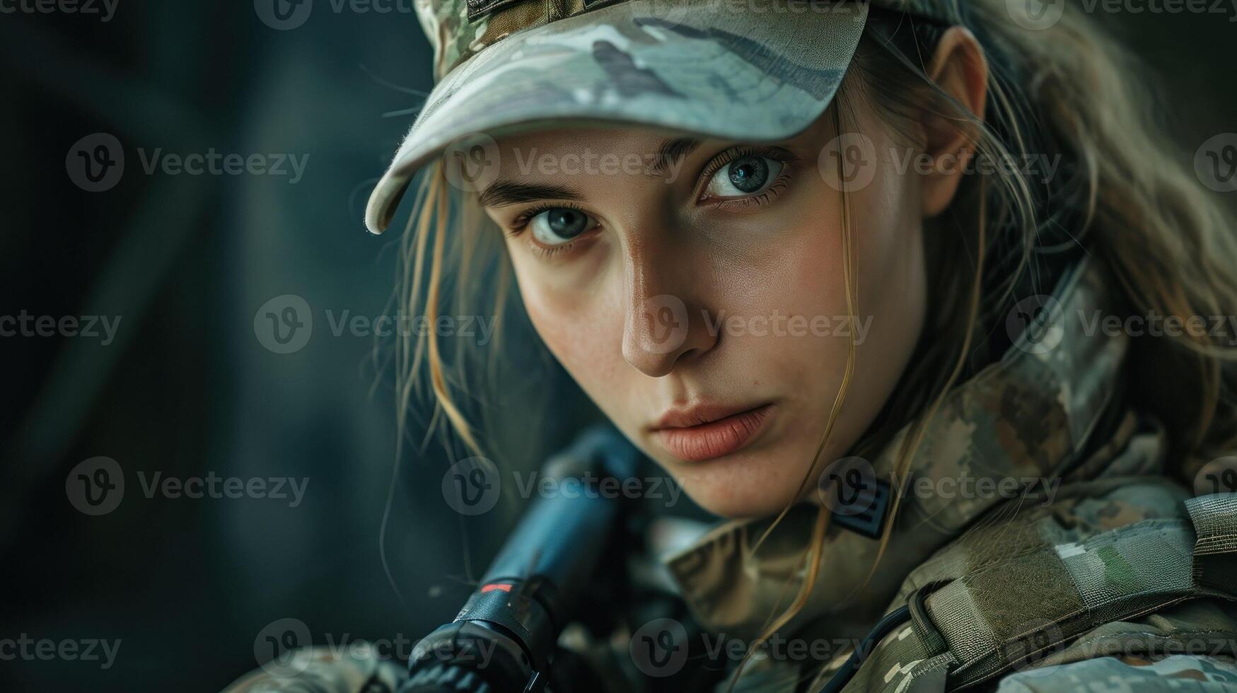 ai gerado bonita mulher Franco atirador dentro emboscada. retrato do moderno fêmea soldado com rifle olhando através escopo. ai gerado foto