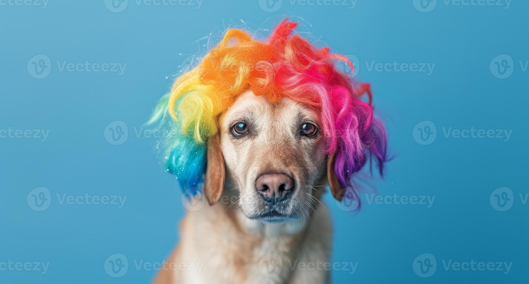 ai gerado cachorro vestindo colorida peruca em azul fundo, animal pegadinhas imagem foto