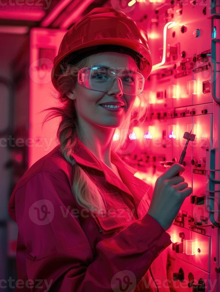 ai gerado jovem sorridente elétrico técnico senhora vestindo vermelho roupas e uma capacete, em pé dentro frente do uma quadro de distribuição. foto