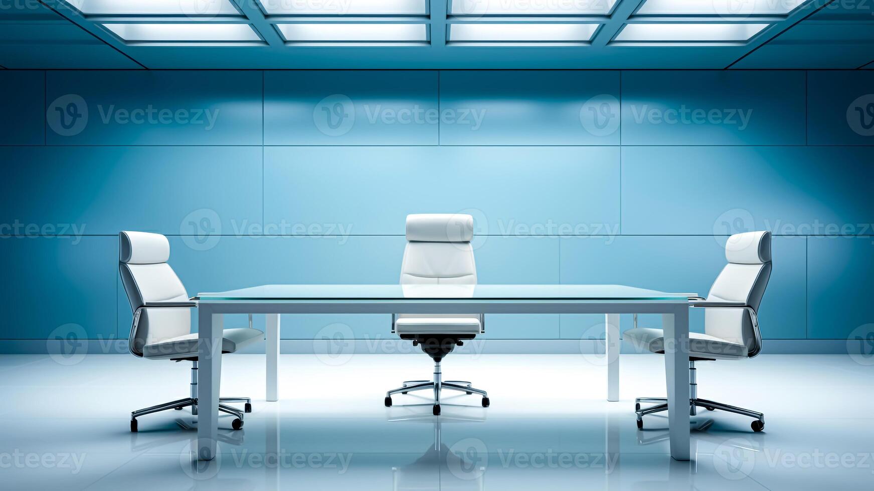 ai gerado lustroso esvaziar moderno conferência quarto dentro branco luzes com azul muro. o negócio e corporativo conceito. foto