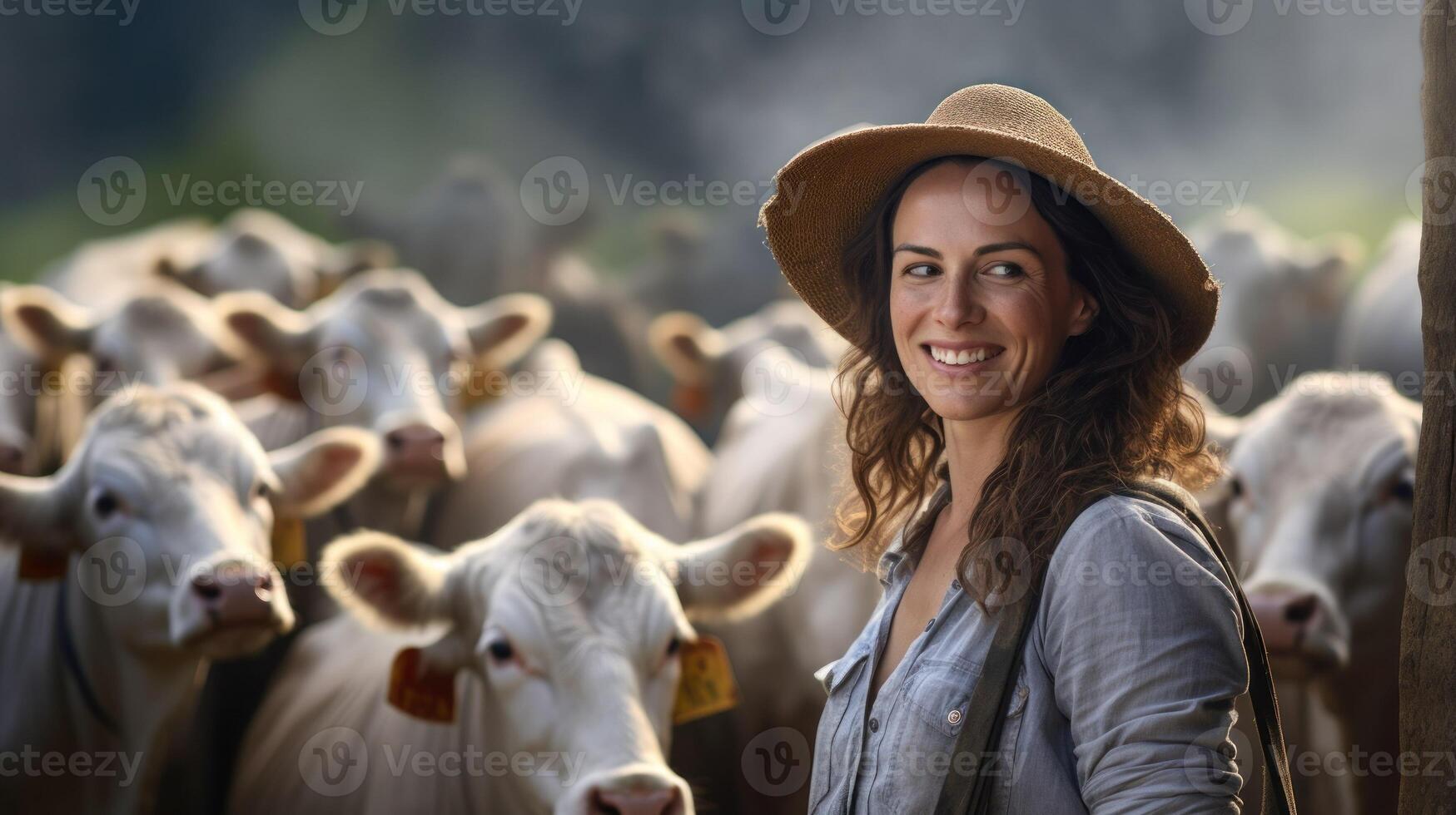 ai gerado fêmea agricultor com uma rebanho do vacas foto