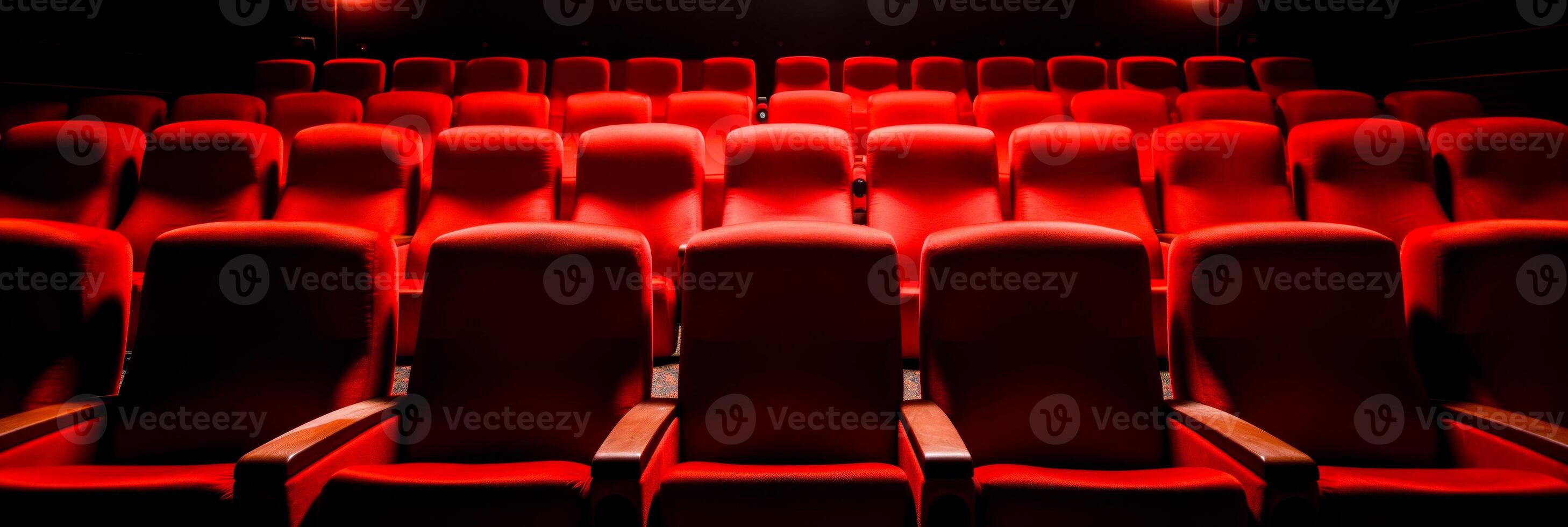 ai gerado esvaziar cinema assentos dentro uma Sombrio teatro com ambiente iluminação.local anúncio, cultural evento brochuras foto