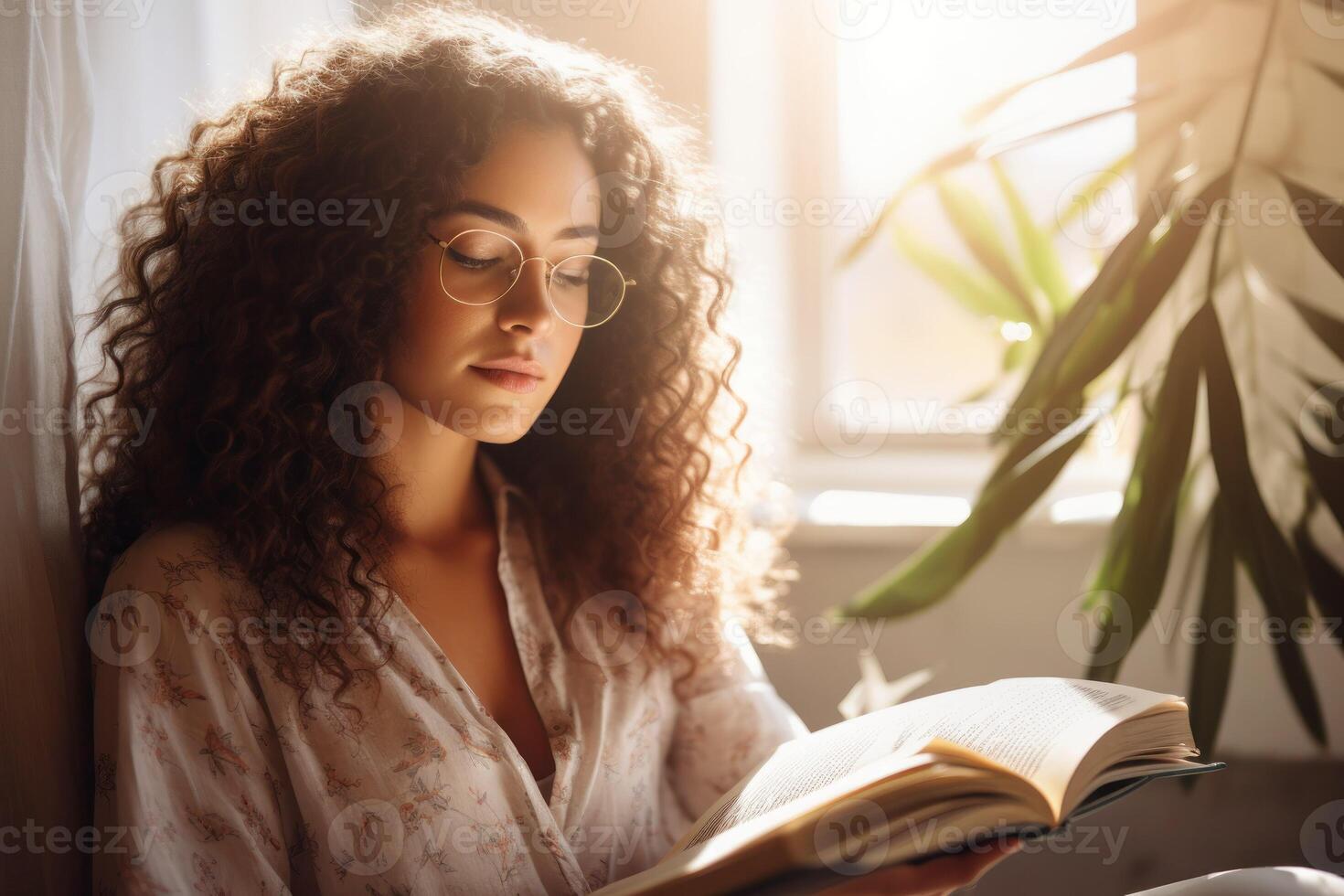 ai gerado mulher lendo uma livro, perdido dentro a história. encaracolado cabelo. óculos empoleirado em dela nariz. foto