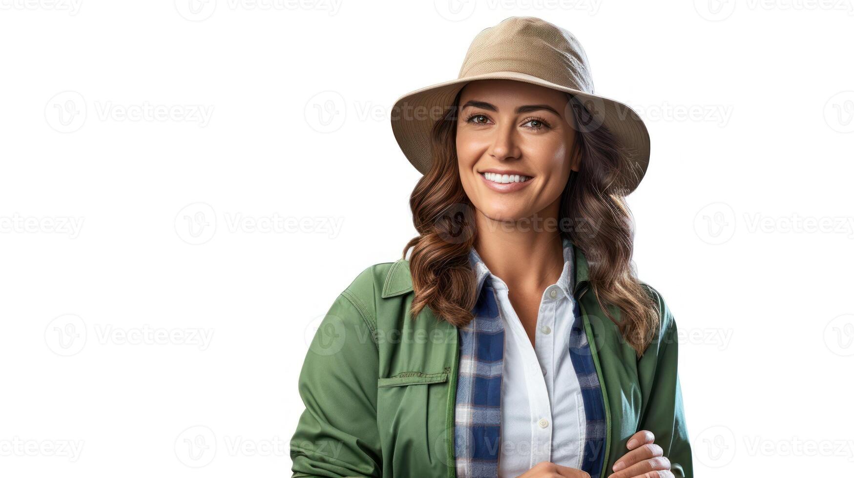 ai gerado mulher, agronegócio e agricultura profissão, sorridente, branco fundo, foto