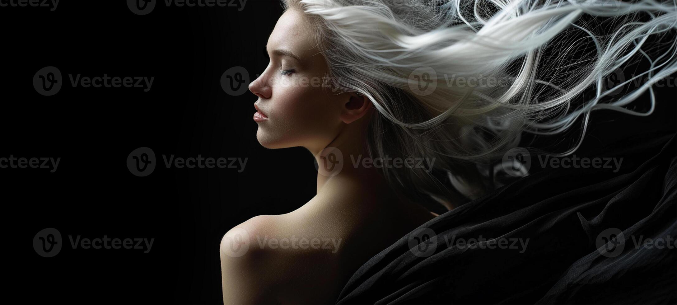 ai gerado lado perfil do uma mulher com solto, fluindo platina cabelo contra uma Sombrio background.banner foto