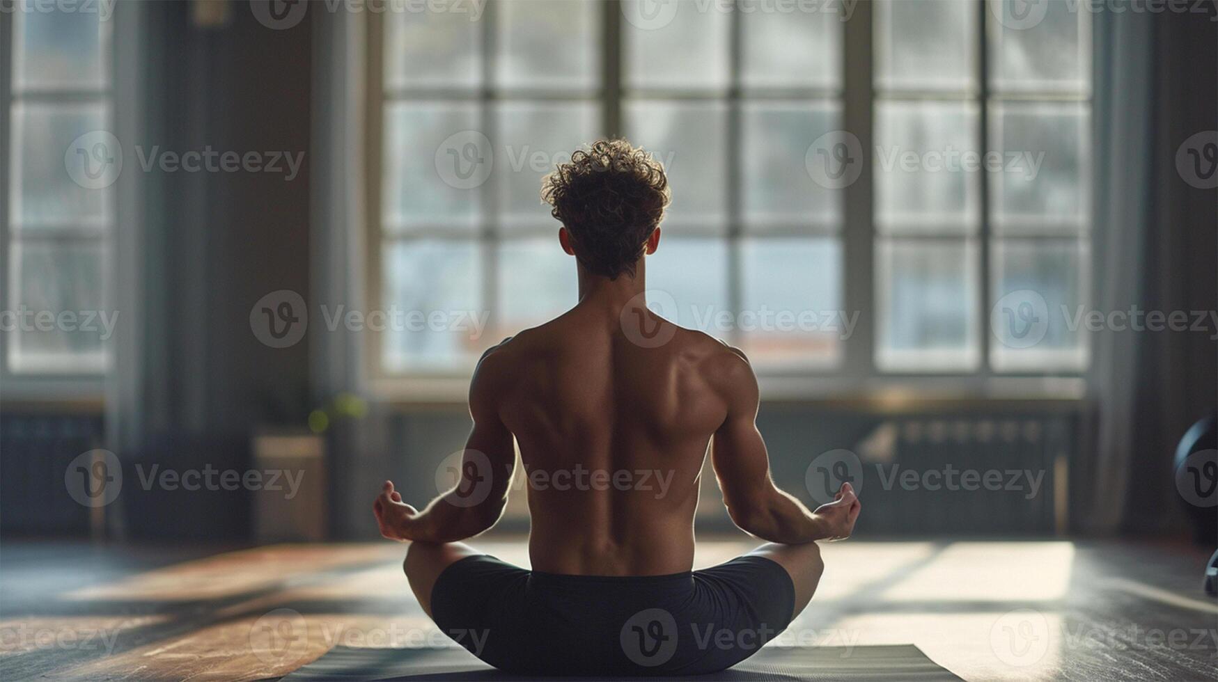 ai gerado Visão a partir de a costas do uma jovem homem com a Atlético figura, homem praticando ioga meditação dentro uma sereno interior contexto. foto