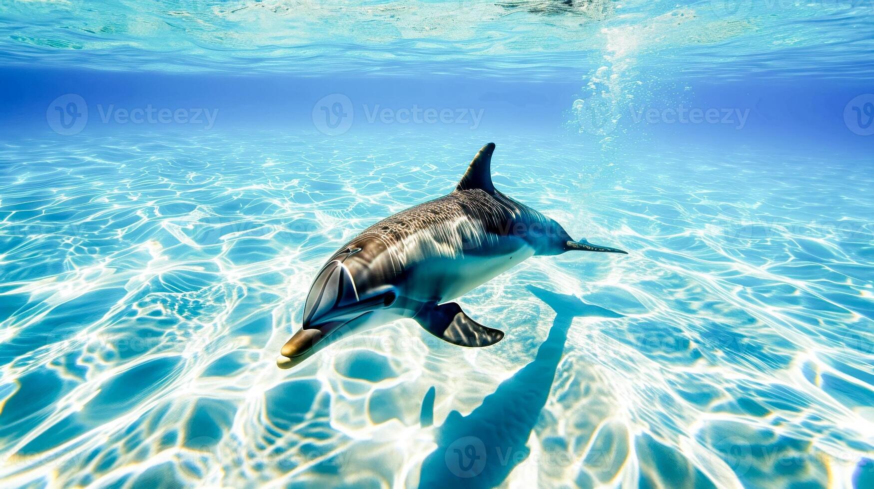 ai gerado uma brincalhão golfinho desliza embaixo da agua com Sol raios piercing através a mar. foto