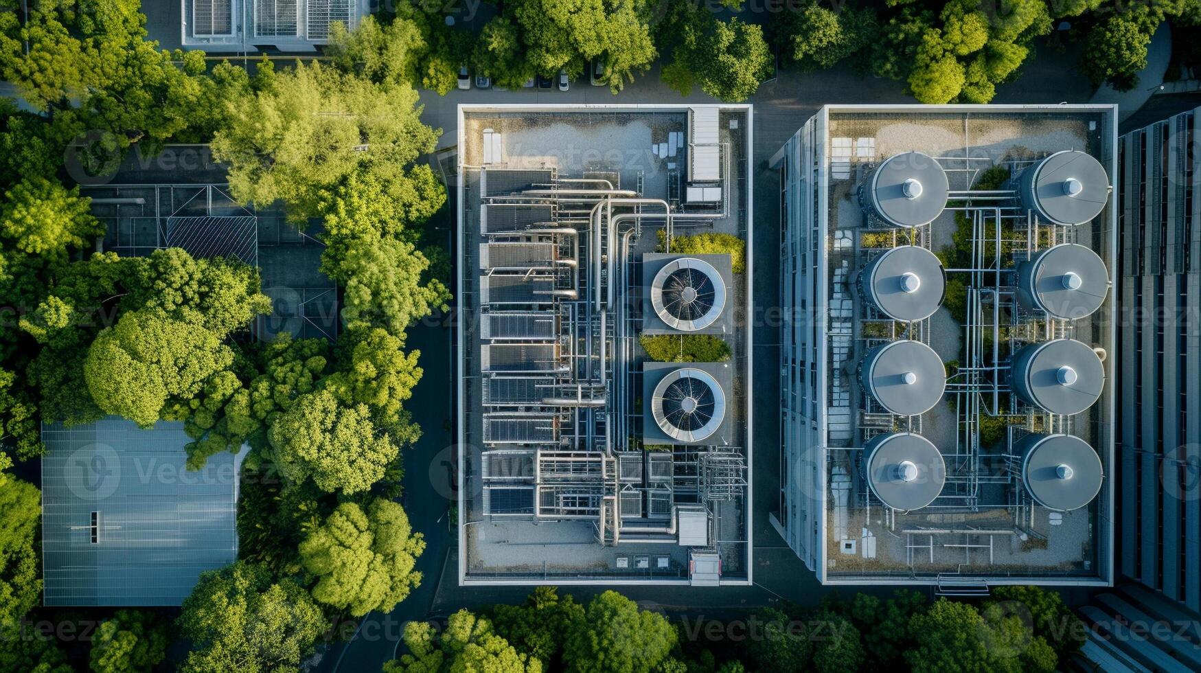 ai gerado Careca Visão do industrial hvac sistema entre vegetação. a aéreo Careca Visão do a industrial hvac sistema com ampla fãs e complexo tubulação, aninhado entre exuberante verde árvores foto