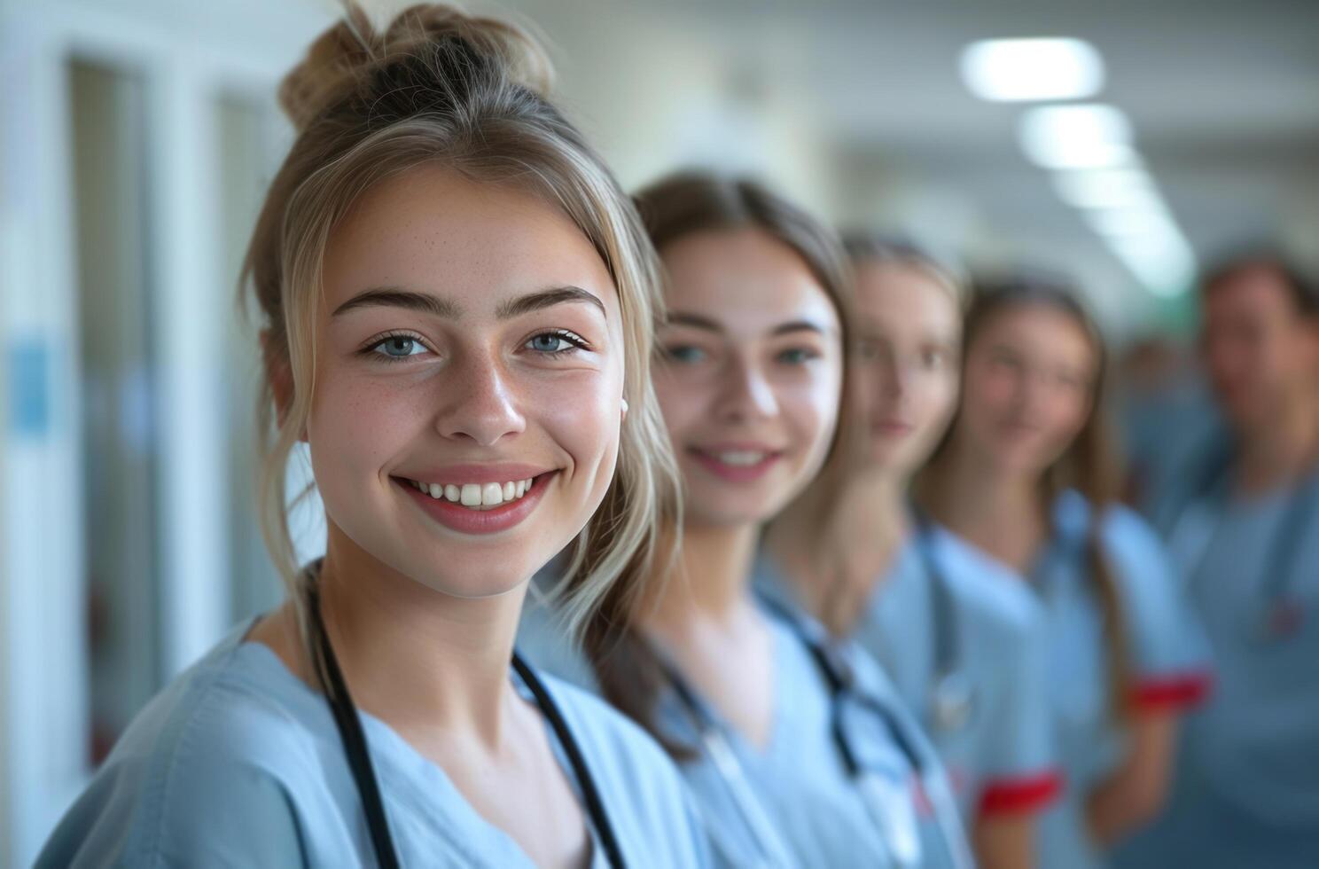 ai gerado uma enfermeira vestindo uma uniforme em pé Próximo para médico alunos dentro uma corredor foto