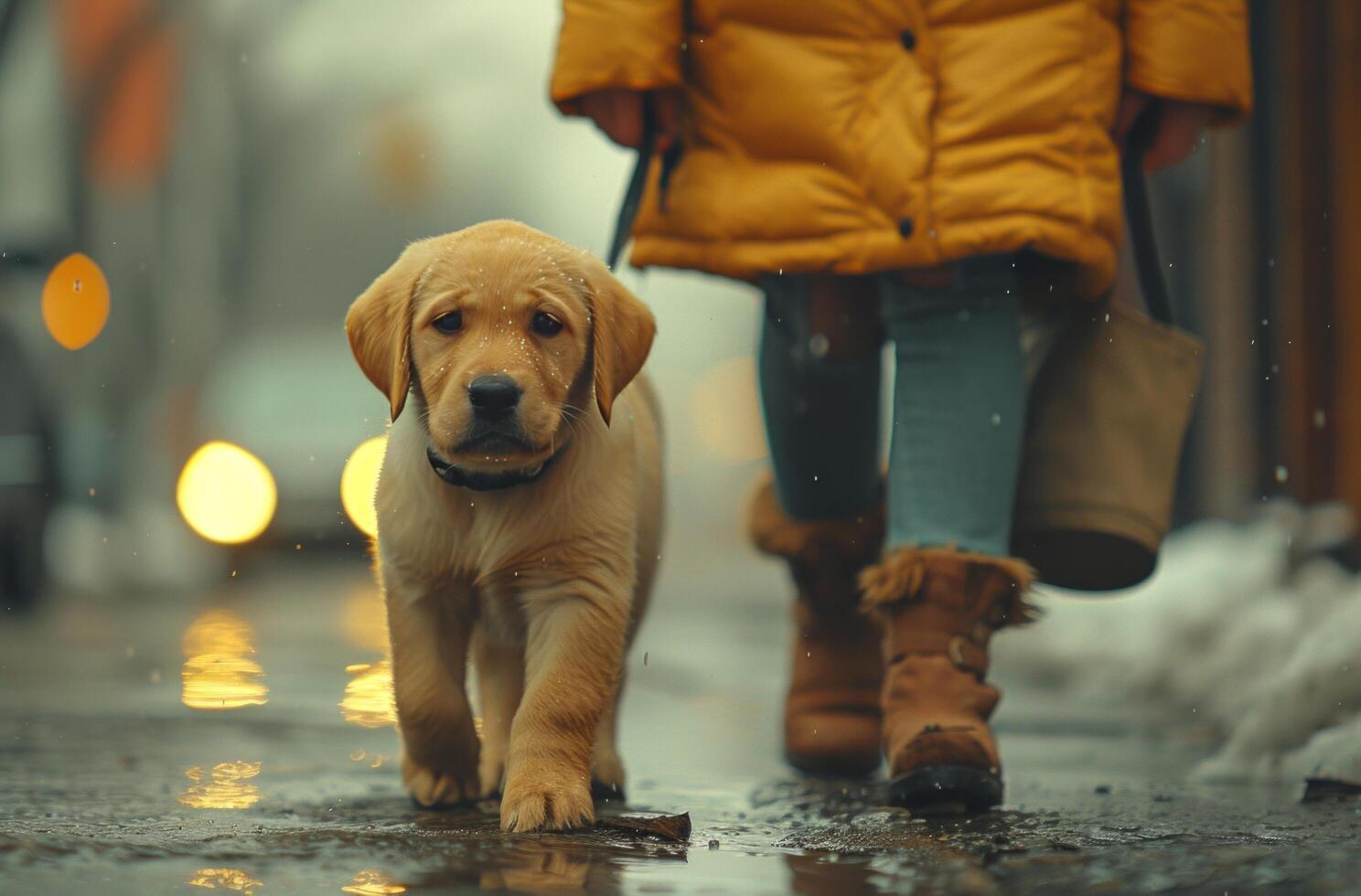 ai gerado mulher caminhando dela amarelo labrador cachorro dentro cidade foto