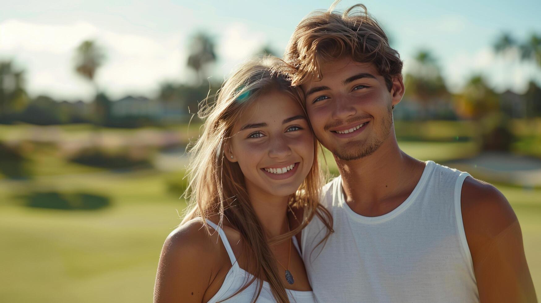 ai gerado pôr do sol abraço do uma jovem casal foto