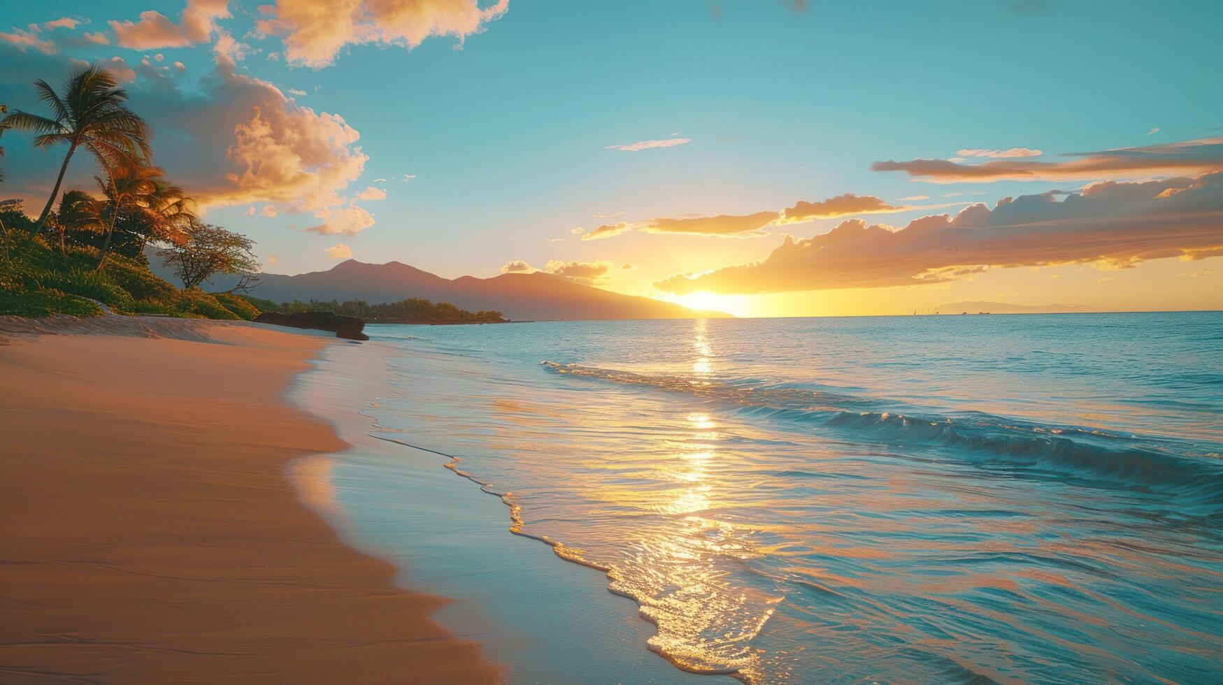 ai gerado sereno de praia cena com dourado areia, azul águas, e uma de cor pastel pôr do sol céu foto