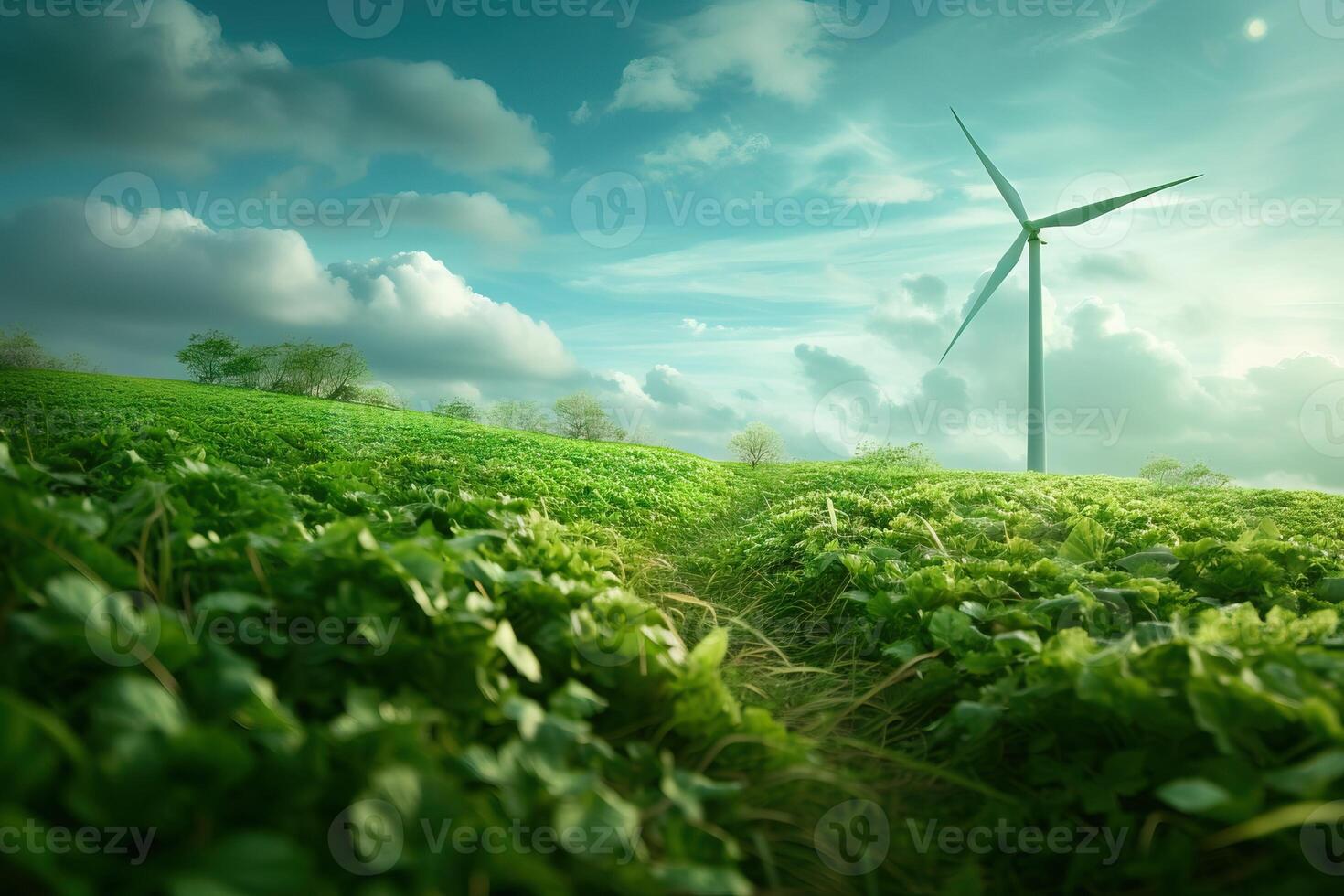 ai gerado renovável energia conceito com vento turbina dentro uma verde campo. generativo ai foto