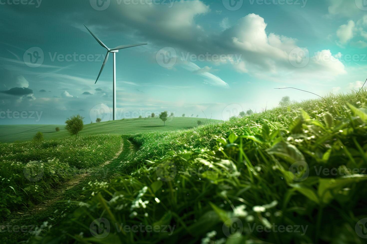 ai gerado renovável energia conceito com vento turbina dentro uma verde campo. generativo ai foto